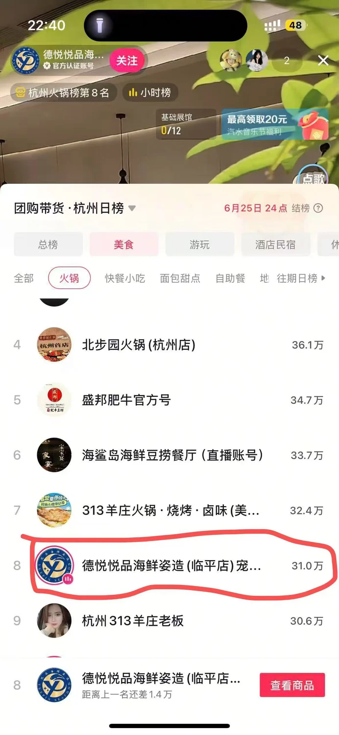 门店团购带货杭州美食日榜